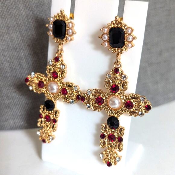 Gold Tone Cross Christian Pearl Rhinestone Regal Dangle Drop Post Stud Earrings - Picture 2 of 4